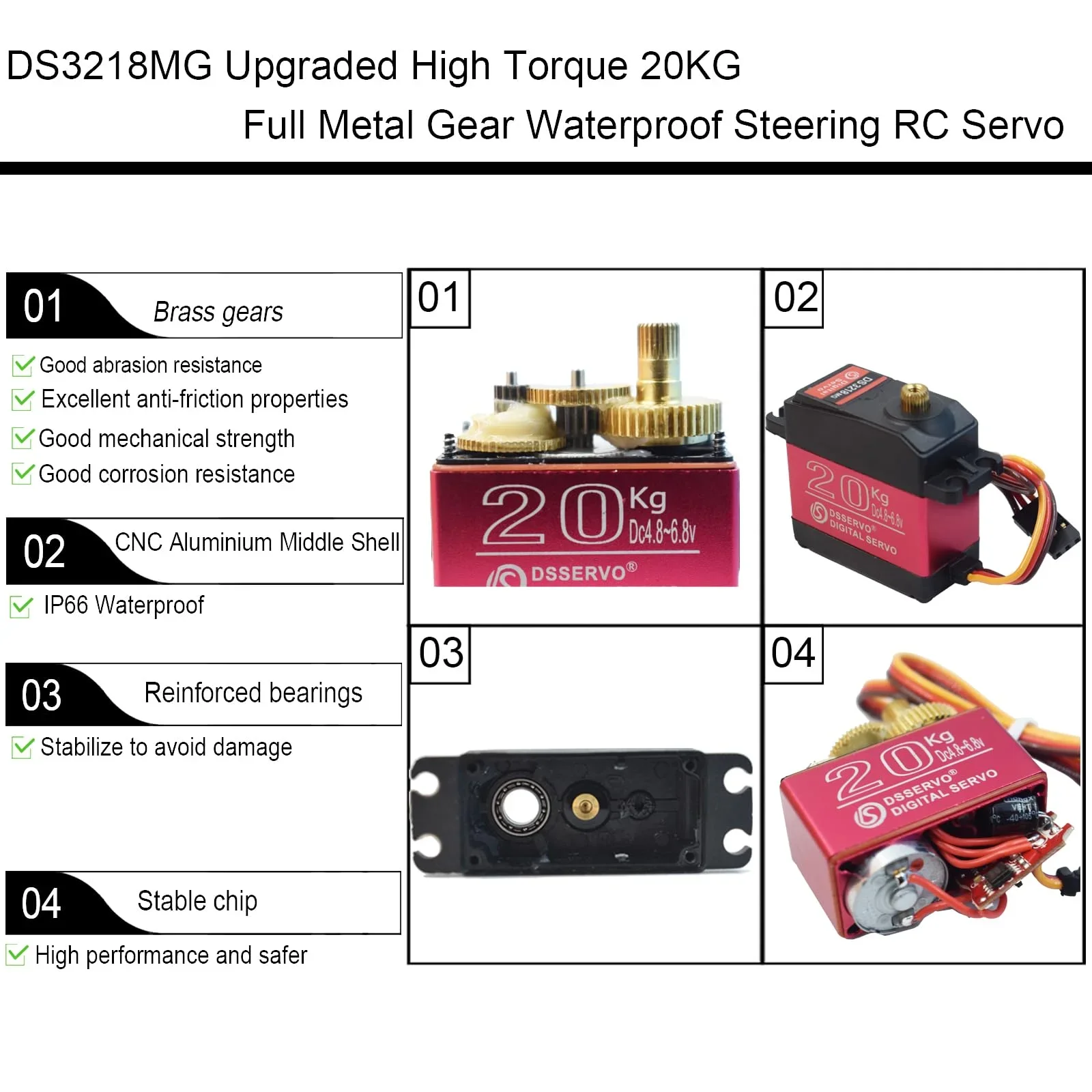 Фото Цифровой сервопривод Dsservo DS3218 20 кг, высокомоментный, с полностью металлическим редуктором, высокоскоростной, водонепроницаемый, для радиоуправляемых краулеров масштаба 1/8 и 1/10 №4