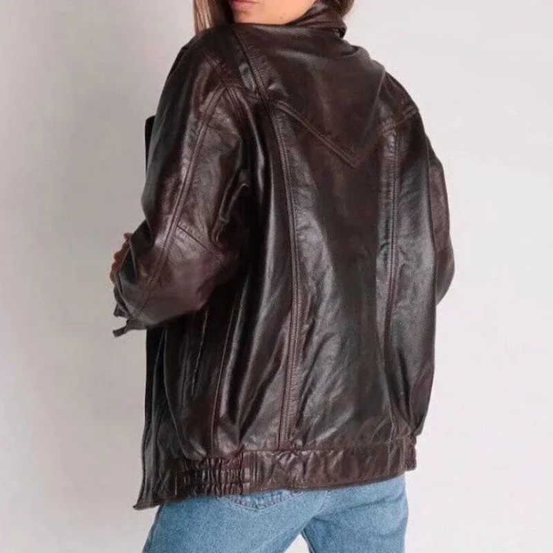 Women Jacket Retro Brown Real Lambskin Leather Vintage Oversized Jacket
