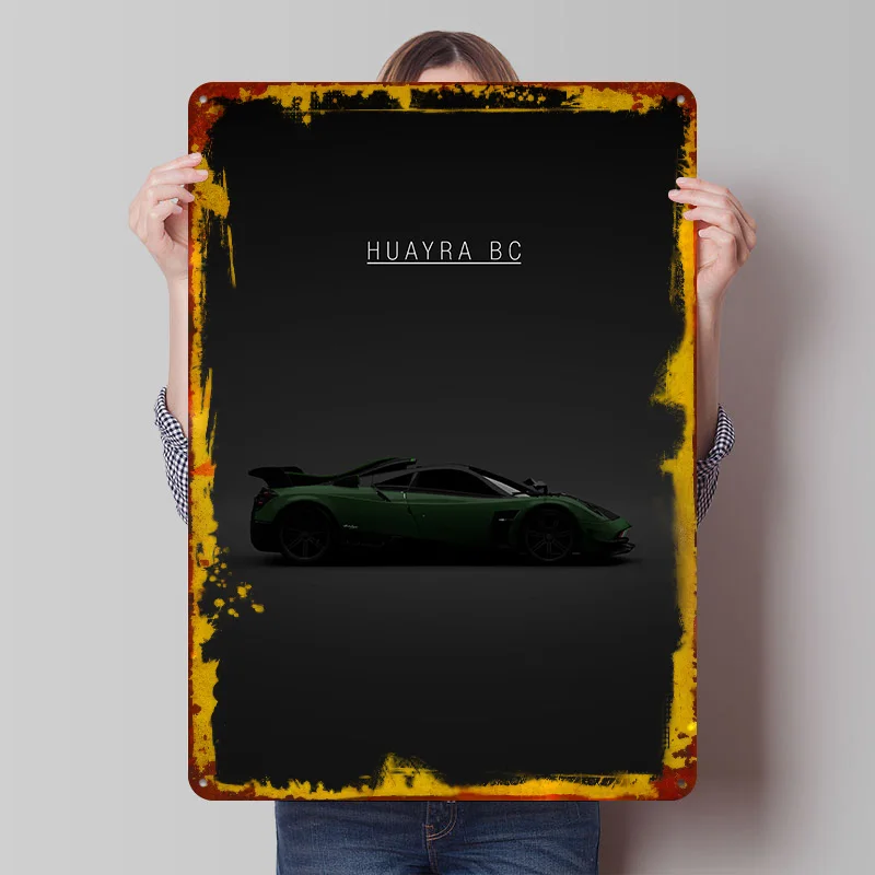 Фото Суперспортивный автомобиль Huayra BC - зеленый постер с принтом, индивидуальный настенный декор, ретро-винтажные металлические таблички для украшения гаража и дома №1