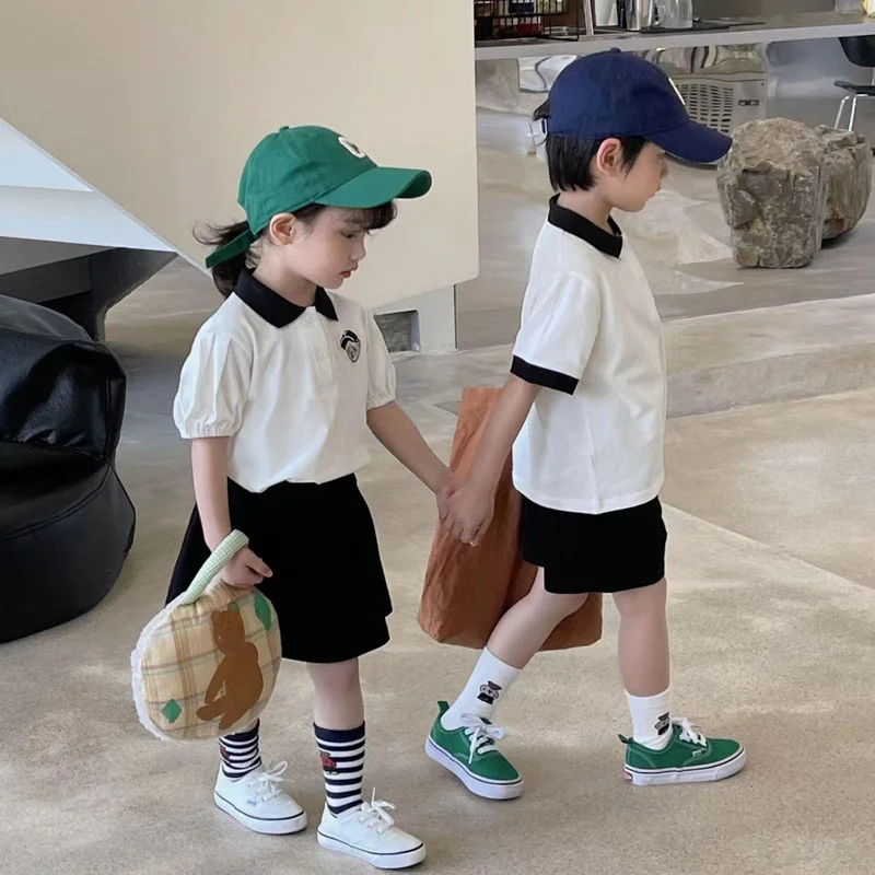 

Korea Baby Clothes Boy Girl 2Pcs Set Kid Summer Embroidery Bear Suit Cotton Polo Tee Skirt Shorts Toddler Casual Matching Outfit