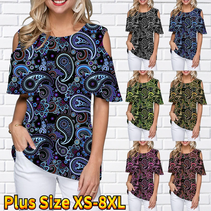 

2022 New Summer Ladies Round Collar Casual Loose Short Sleeve Fashion Off-the-shoulder T-shirt Vintage Prints Top Women Pullover