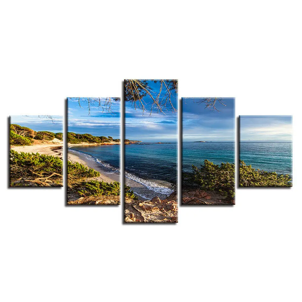 

5 Pieces Canvas HD Prints Pictures Modular Wall Art Coast Sea Waves Shrubs Paintings HD Print Poster No Framed 5 Panel