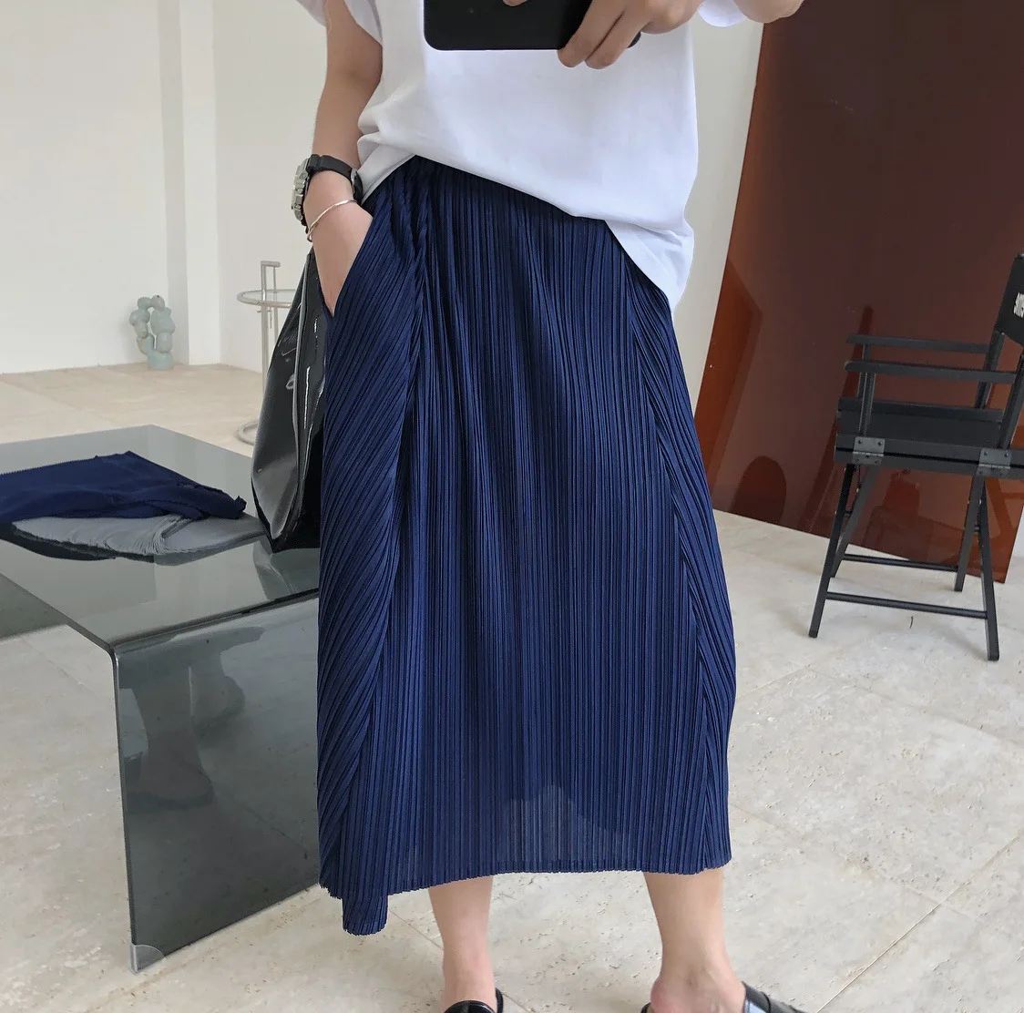 High-waisted Pleated Skirt Women Summer Fashion Elegant Dark Blue Orange Irregular Long Skirt Female Jupe