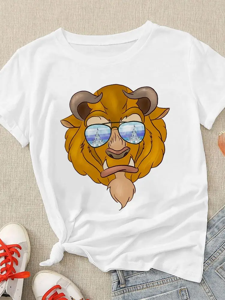 

New Disney Beauty and The Beast Women T Shirt Cool Wearing Sunglasses Series Fashion Casual Loose Summer T-Shirt