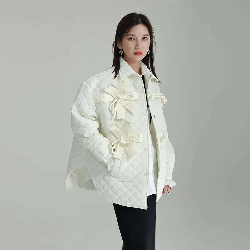 Black Rhombus Cotton Jacket Female Winter 2022 Retro Bow Coiled Buckle Loose Medium-Length Section Silhouette Jacket