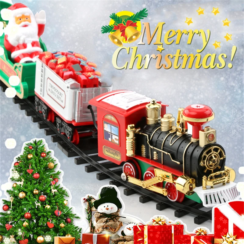 Christmas Train Electric Toys Christmas Tree Decoration Train Track Frame Railway Car with Sound&Light Rail Car Christmas Gifts