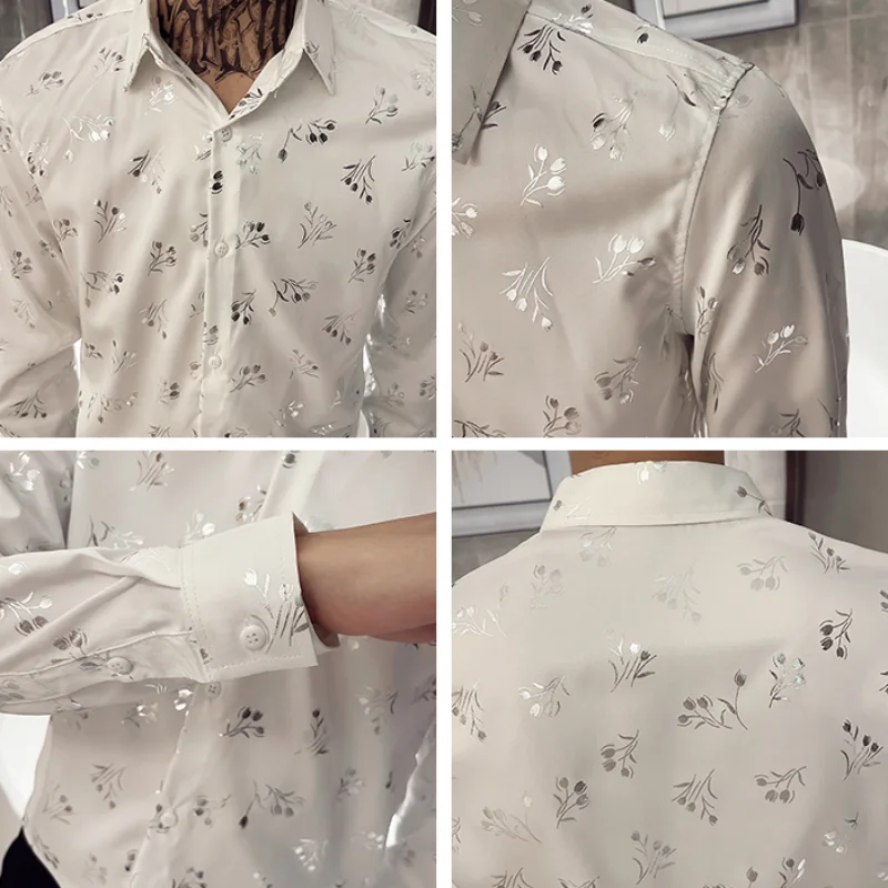 2022 Flower Men's Shirts Autumn Slim Fit Casual Business Formal Dress Shirt Fashion Social Streetwear Tuxedo Blouse Men Clothing