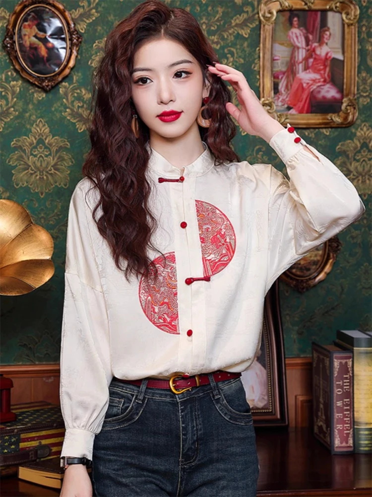  Китайские атласные рубашки с воротником-стойкой из имитации шелковой ткани