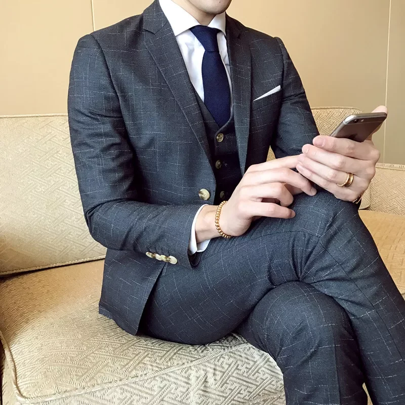 

NEW IN Plaid Suits Blazer New Male Wedding Formal Wear Dress Suits Good Quality Men Casual Suits Blazer Jackets+Pants+Vest
