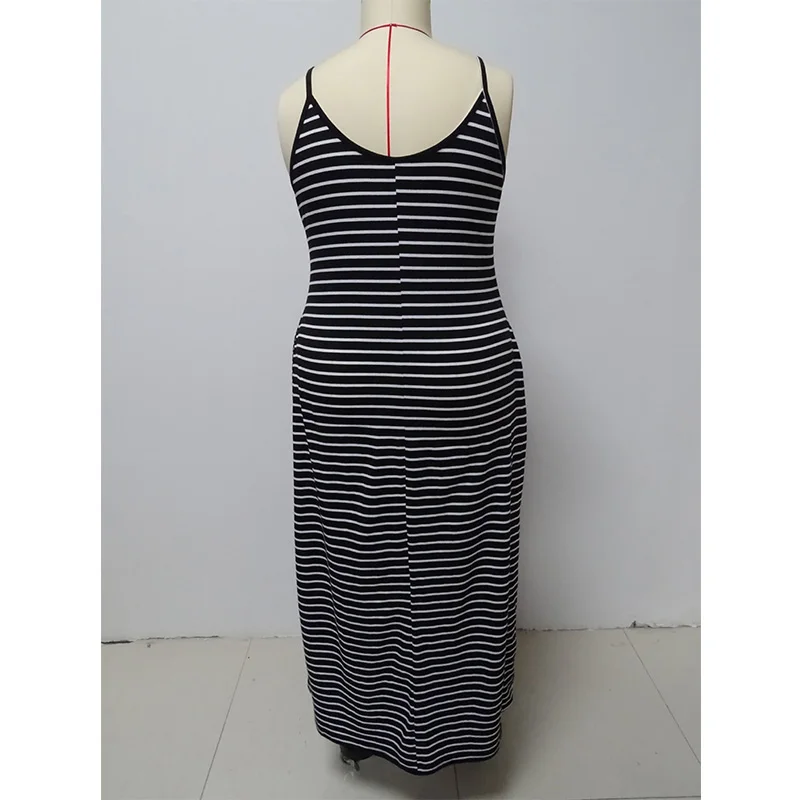 Summer Crew Neck Casual Striped Printed Sleeveless Plus Size Women's Clothing Patchwork Double Pockets A-line Slip Long Dress