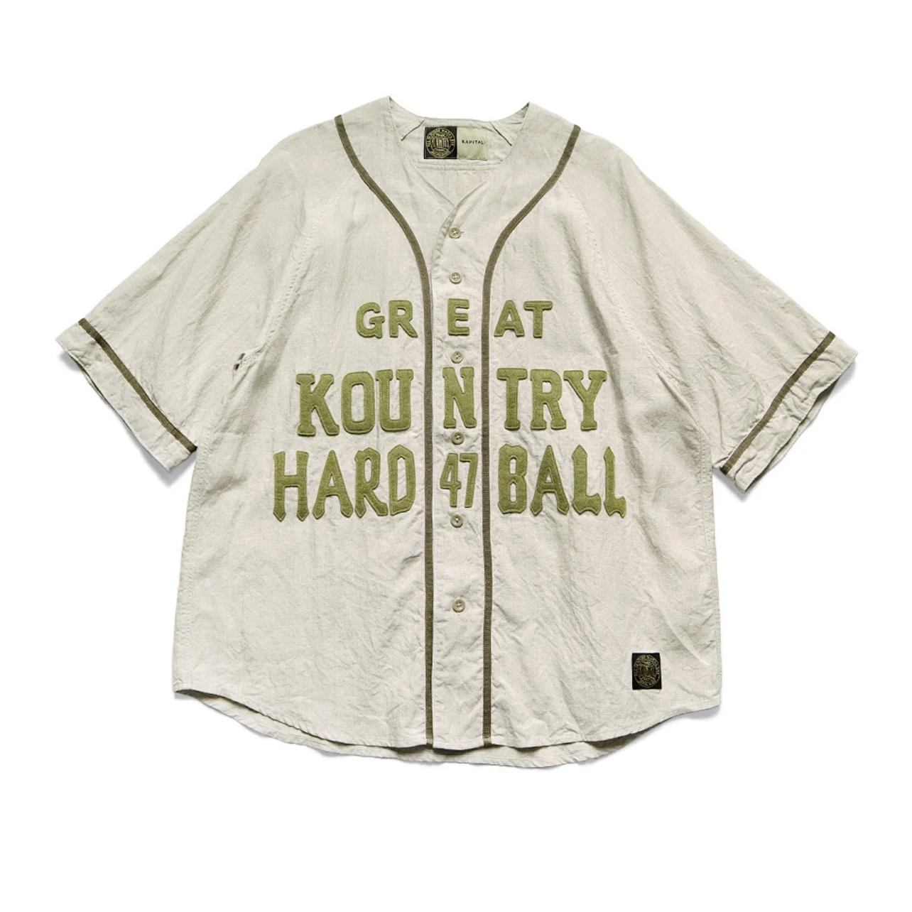 

23SS KAPITAL Hirata and Hongri Casual Cotton Quilted Embroidery Letter Loose Breasted Short Sleeve Collarless Shirt for Men
