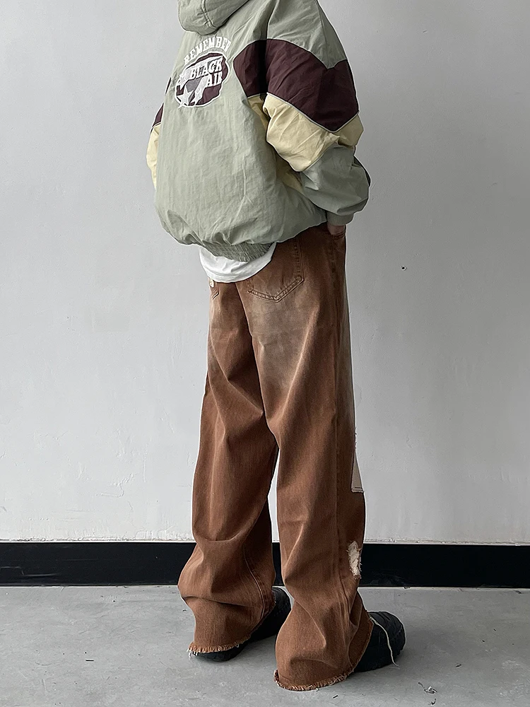 Men Clothing Hip-Hop Caffee Lightning Tooling Straight JeansKorea Fashion Clothing High Street Style Y2k Streetwear Luxury Jeans