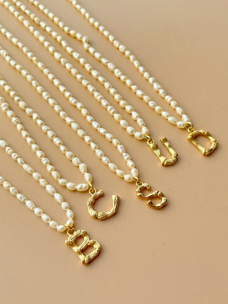 

Natural Freshwater Grain of Rice Pearl Letter Necklace Vintage Temperament Entry Special-Interest Design Advanced Clavicle Chain