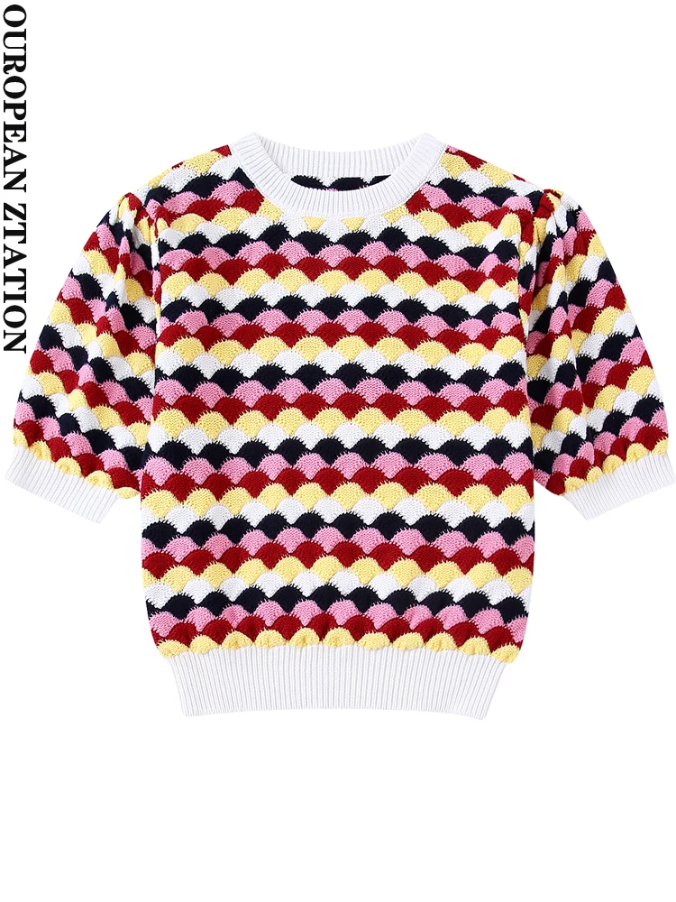 

Модный женский укороченный текстурированный вязаный свитер PAILETE 2022, винтажные женские пуловеры с круглым вырезом и короткими рукавами-фона...