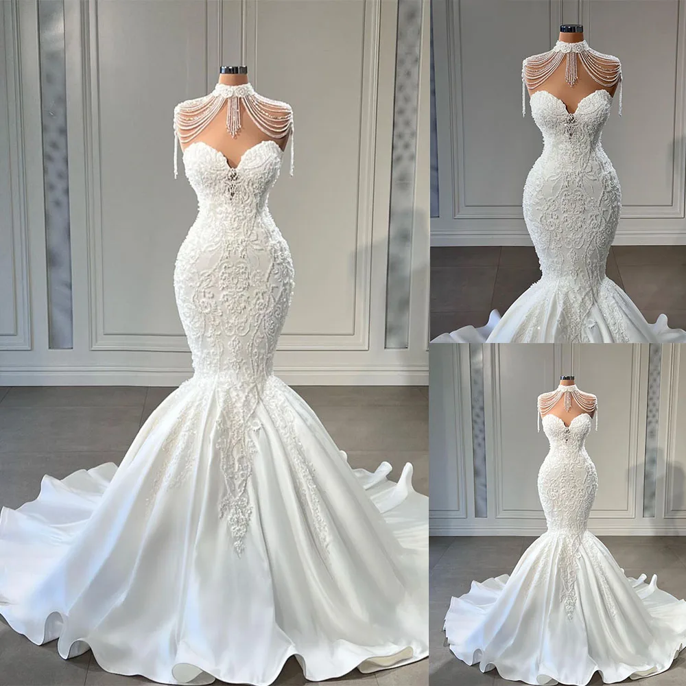 

Sexy Mermaid Sweetheart Weddding Dresse Real Tulle Lace Crystal Beaded Pearls 2023 Luxury Long Formal Bridal Gowns SD69