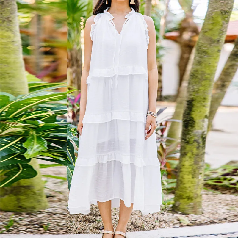 

Sexy V-Neck Women Solid Color Ruffle Stitching A-Line Midi Dress Summer Casual Loose Sleeveless Splicing Pullover Dresses