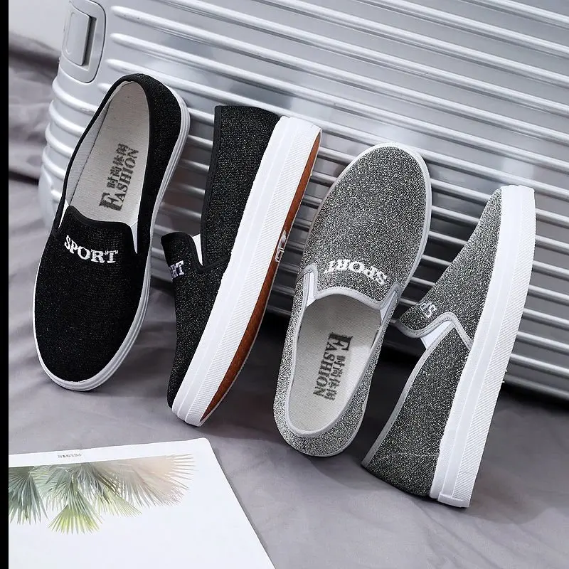 Women Shoes New Summer Canvas Shoes Fashion Bling Breathable Slip on Flat Shoes Ladies Spring Casual Loafers Chaussures Femme