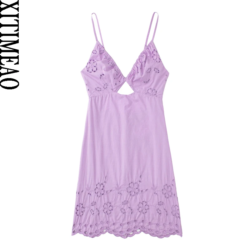 

Xitimeao Women Fashion Front Cutwork Embroidery Ruffled Mini Dress Vintage Backless Smocked Thin Straps Female Dresses Vestidos
