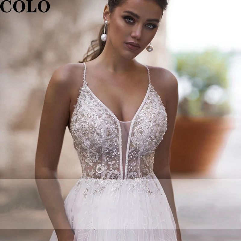 

Sexy Bridal Wedding Dress Beach 2020 Women's Dresses Sheer White Tulle Beaded V Neck Design Delicate Decals Wedding Dresses