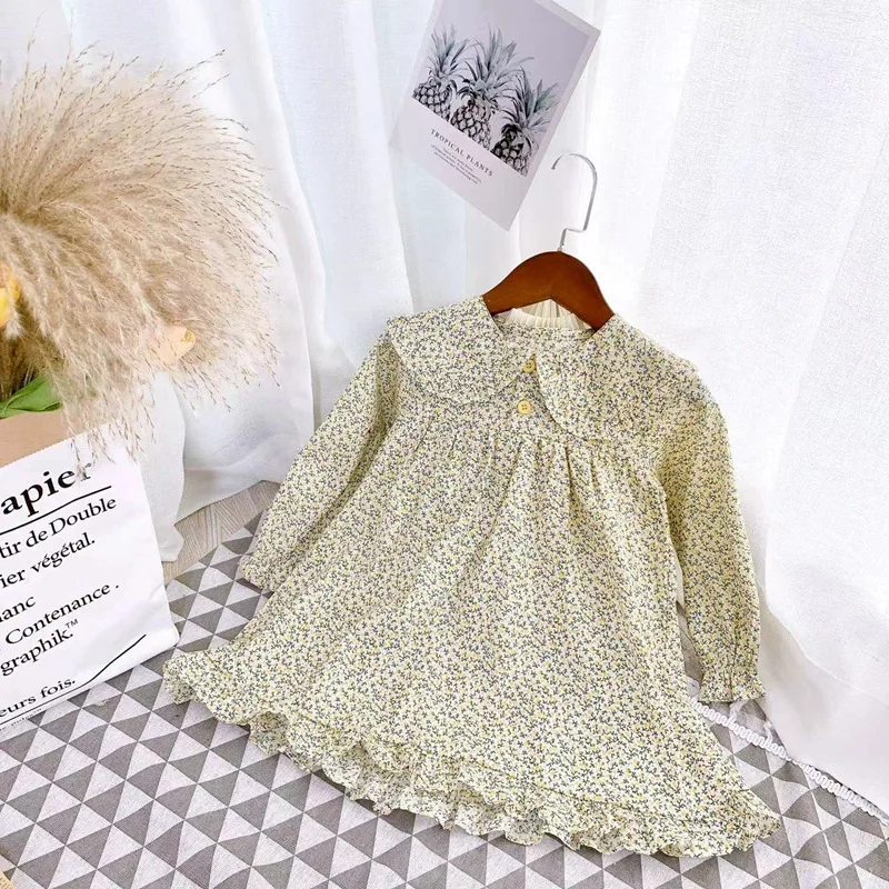

Girls Dress 2022 Spring And Autumn Foreign Style Children'S Lapel Pastoral Floral Ruffled Long-Sleeved Princess Dress