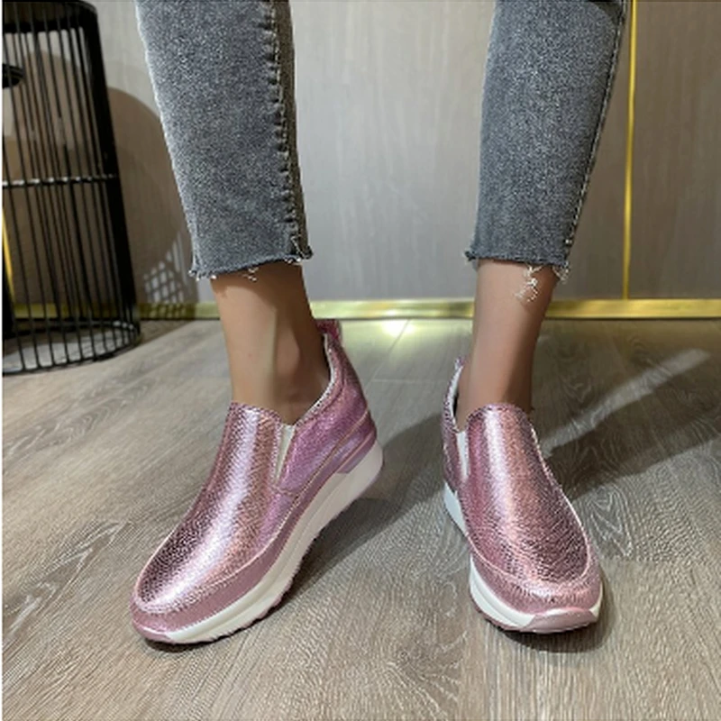 

2022 Autumn PU Leather Platform Sneakers Wedge Shoes Height Increased Super High Heel for Women Slip on Shoes Slipon Sneaker