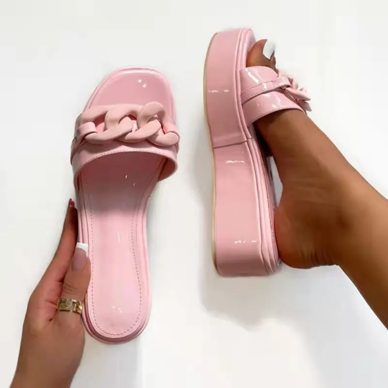 

Solid Color Chain Slipper Pump Heels Women Slippers Flip Flop For Ladies Round Head Open Toe Casual Outdoor Female Wedge Sandals