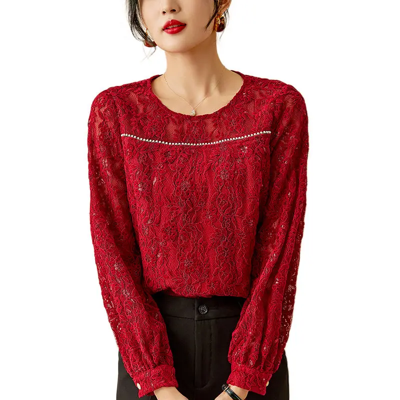 

Elegant O-Neck Spliced Gauze Lace Beading Blouse Women's Clothing 2023 Autumn New Casual Pullovers Office Lady Shirt
