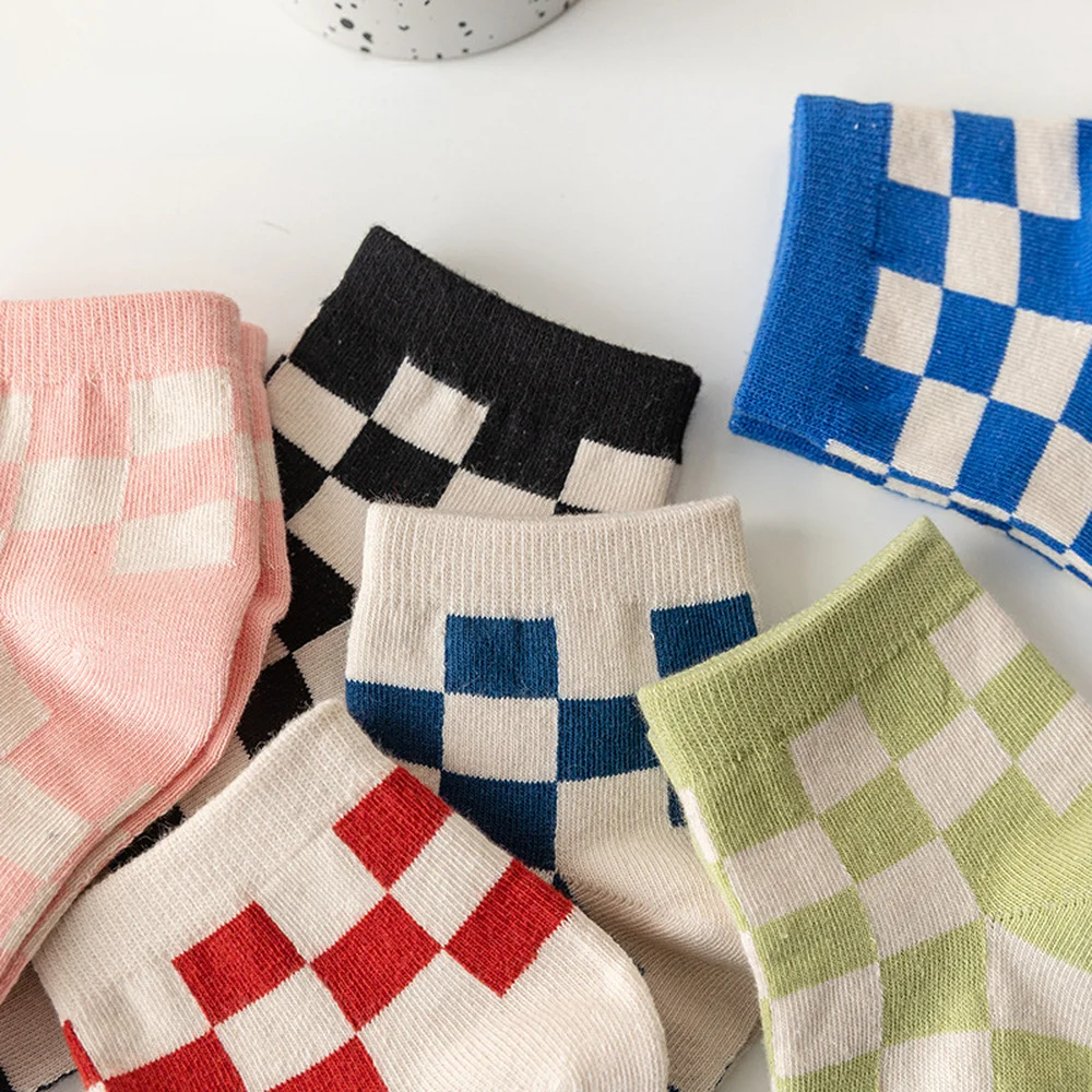 6 Pairs New Hot Fashion Klein Blue Women Socks Shallow Mouth Thin Sweat-absorbing Breathable Japanese Plaid Casual Cotton Socks