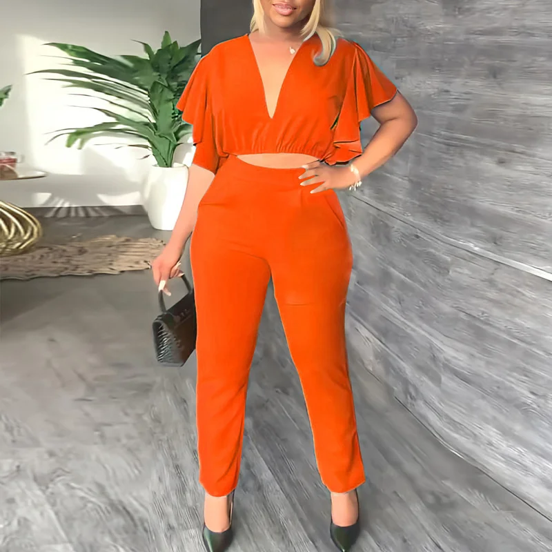 

Женская одежда, модный пикантный топ с глубоким V-образным вырезом и прямые брюки, повседневный комплект из двух предметов, элегантные костю...