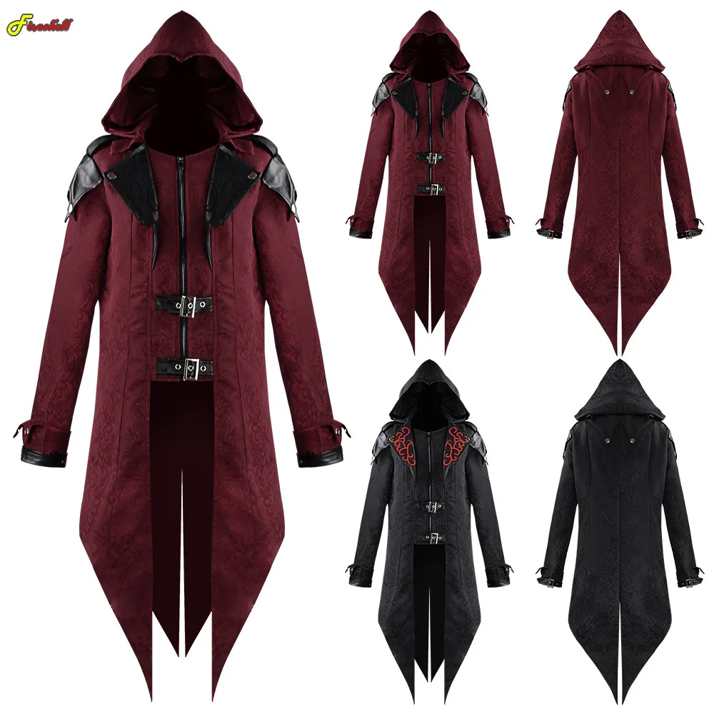 

Adult Men's Medieval Cosplay Costume Steampunk Hooded Killer Jacket Tuexdo Victorian Retor Gothic Tailcoat Halloween Jackets