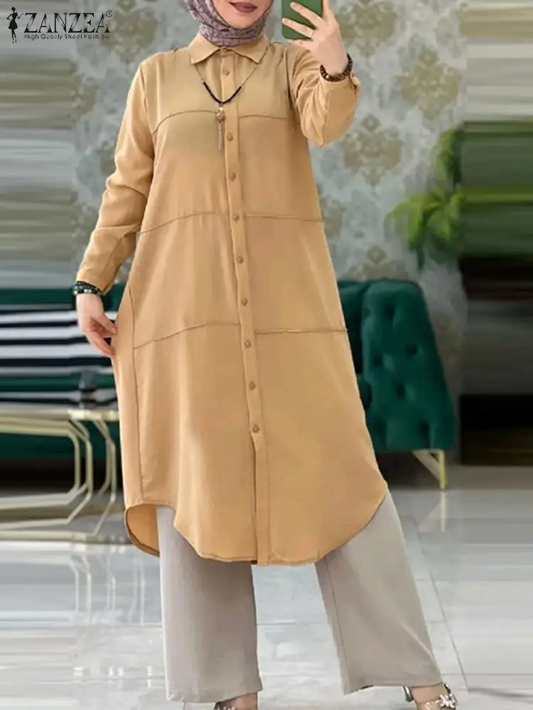 Модная мусульманская рубашка ZANZEA женские топы с отложным воротником и длинным