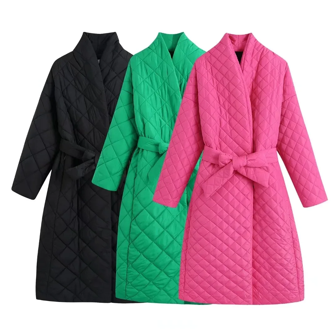 

Women's Parka Winter Cotton Clothes 2022 Vintage Warm Cotton Jacket with Belt Padded Female Long Coat for Women Lattice