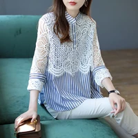 lace hollow long sleeve shirt 2022 spring new korean chic top design striped shirt women tops mujer lace streetwear