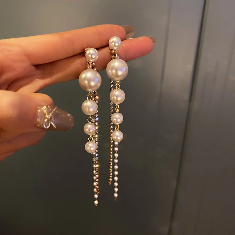 

Long Dangle Earrings For Women New Fashion Full Crystal Simulated Pearl Tassel Drop Earrings Vintage Jewelry