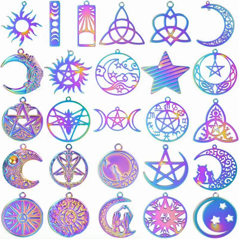 

10pcs/lot Star Moon Rainbow Charm Cat Stainless Steel diy Necklace for Women Vintage Rose Flower Moon Pendants Making Earrings