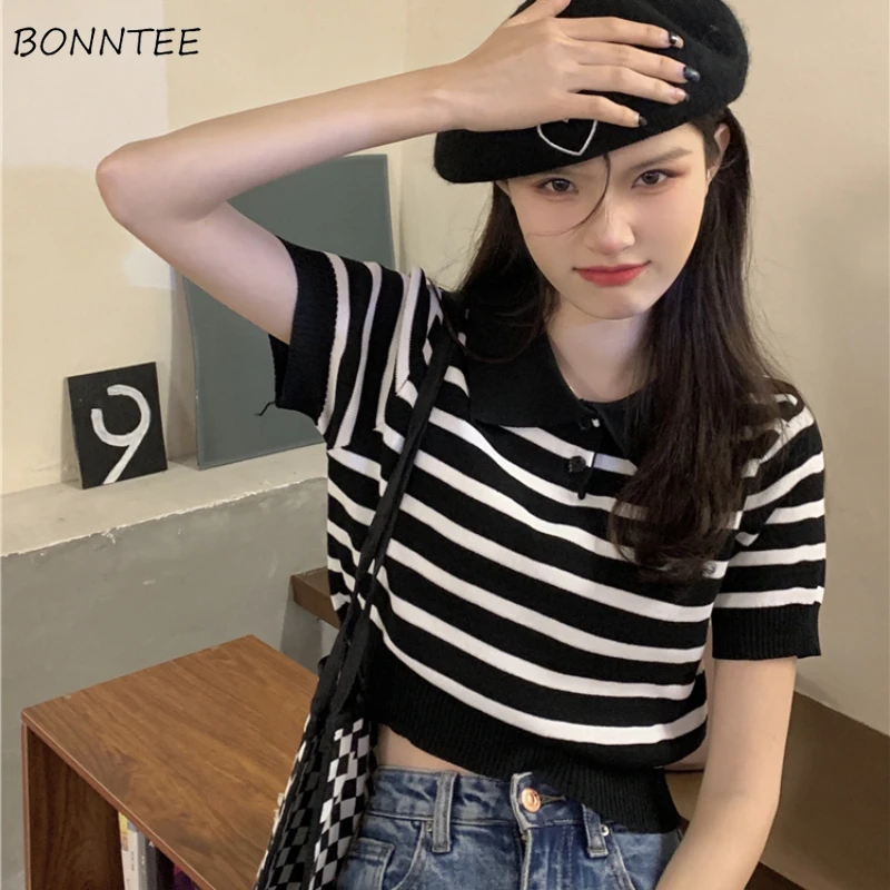 

T-shirts Woman All-match Striped Trendy Casual Summer Retro Short Sleeve Chic Daily Tops Korean Style Elegant Streetwear Lady