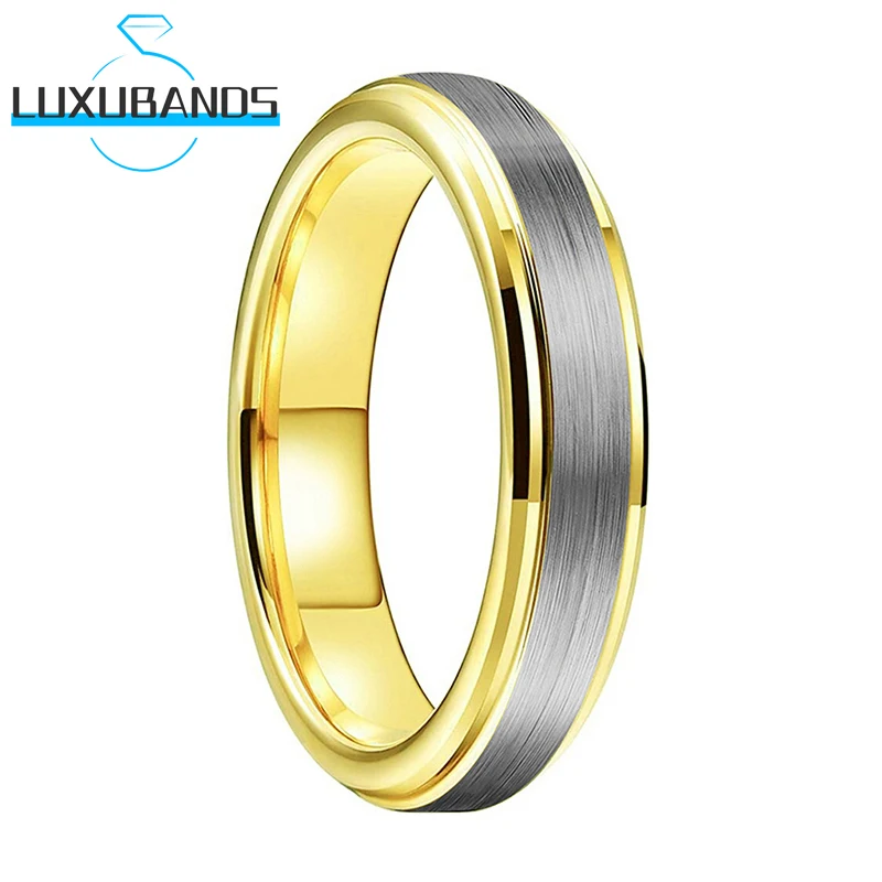 

4mm Gold Tungsten Wemen Ring Engagement Band Stepped Beveled Edges Rose Gunmetal Black Brushed Finish High Quality Comfort Fit