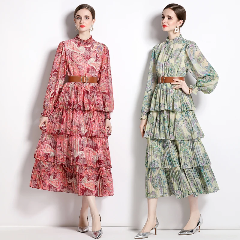 

Women's Spring New High End Style Standing Neck Lantern Long Sleeve Pleated Belt Slim Fit Retro Print Holiday Cake Dress