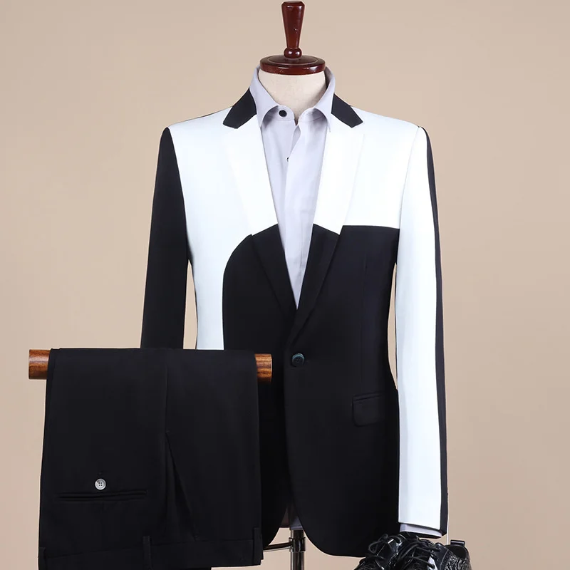 

2023 Suit Men's Two-piece Self-cultivation Personality Stitching Net Red Big-name Nightclub Casual Suit Best Man Suit Groom