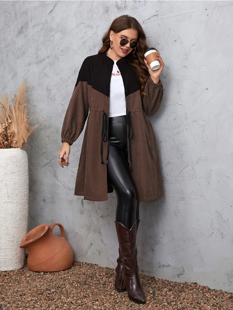 Commuting minimalist style with waist strap, medium length women's oversized jacket plus size  roupas femininas