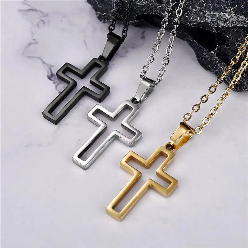 2022 Fashion Stainless Steel Necklace For Men Women Black Gold Silver Color Cross Pendant Chain Necklace Jewelry Gift
