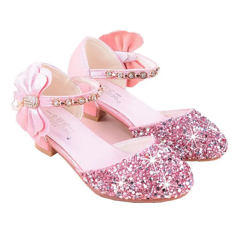 Girls' Leather Shoes, High Heels, Rhinestone Bowknot, Little Princess Model Performance, Crystal Single Shoes, Sequins, Silver