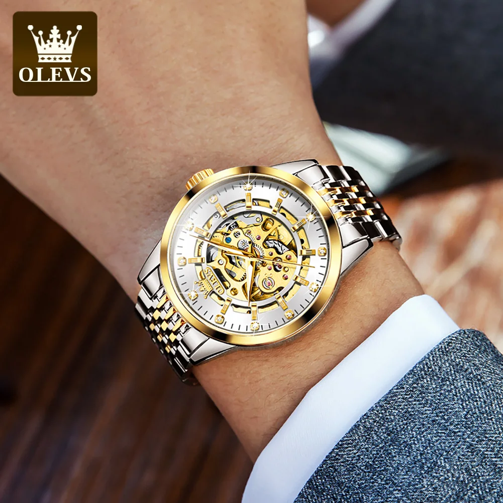 OLEVS 9920 Top Brand Men's Luxury Automatic Mechanical Watches Waterproof Stainless Steel Fashion Luminous Gold Skeleton For Men enlarge