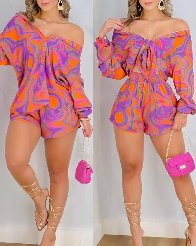 

Женская рубашка, комплект из двух предметов, модная и элегантная уличная одежда с мраморным принтом, без рукавов-фонариков и шорты, 2023