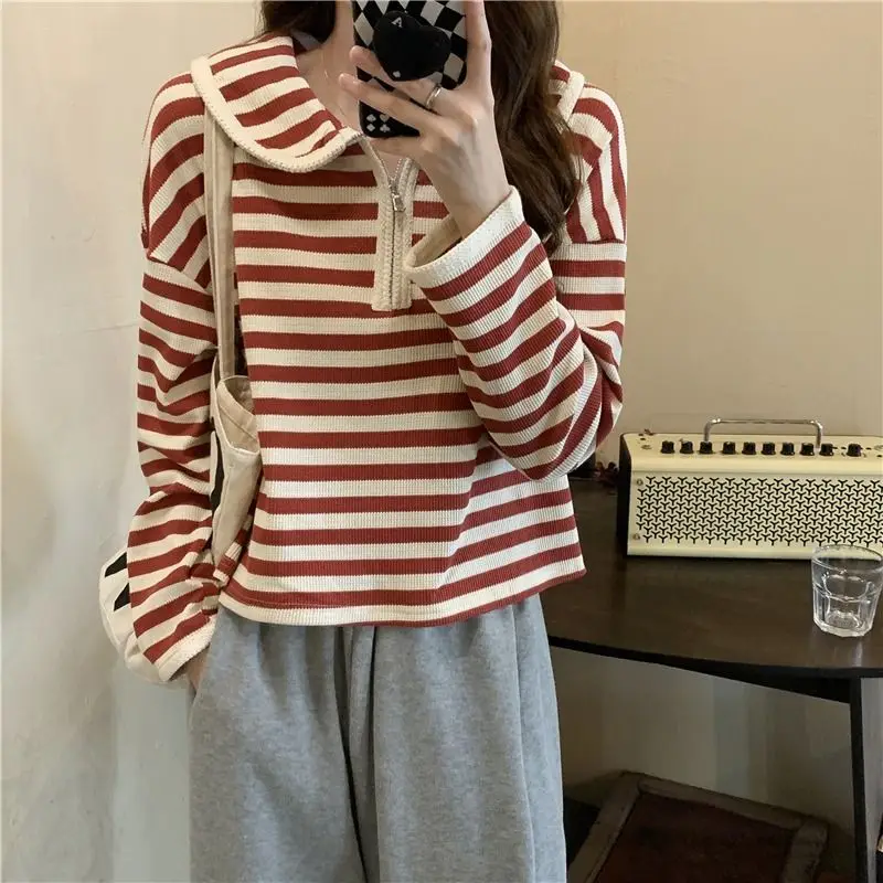 

Женская футболка в полоску, Повседневная Базовая футболка на молнии с длинным рукавом, модель Y2k в Корейском стиле на осень, 2022