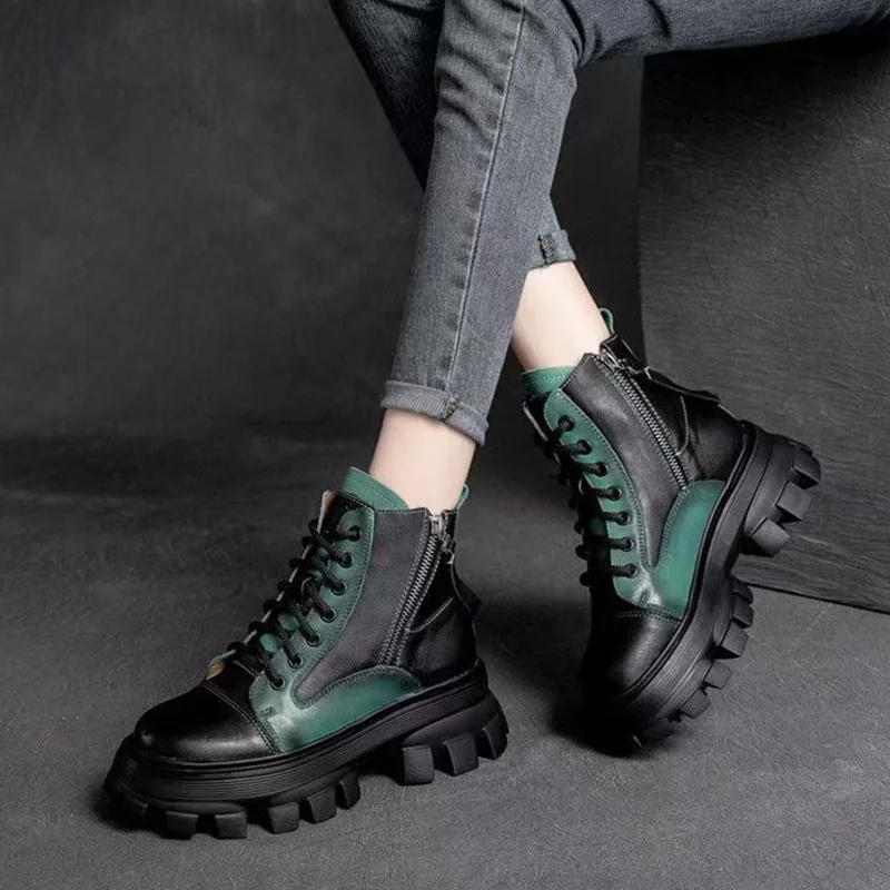 

Careaymade-Shoes Women Boots Genuine Leather Mixed Colors New Autumn Winter Zip Round Toe Retro Handmade Leisure Ankle Boots