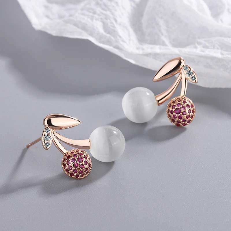 

Cute Cherry Stud Earrings For Women Tragus Piercing Opal Zirconia Rose Gold Earrings Ladies For Party Trendy Woman Jewelry 2022