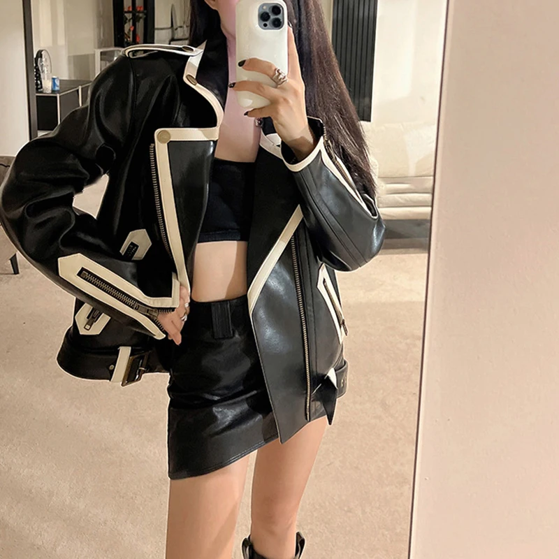 

Lady 100% Real Leather Black and White Jackets Oversize Spring Coats For Women Fashion Streetwear Loose Moto Clothes TF3774