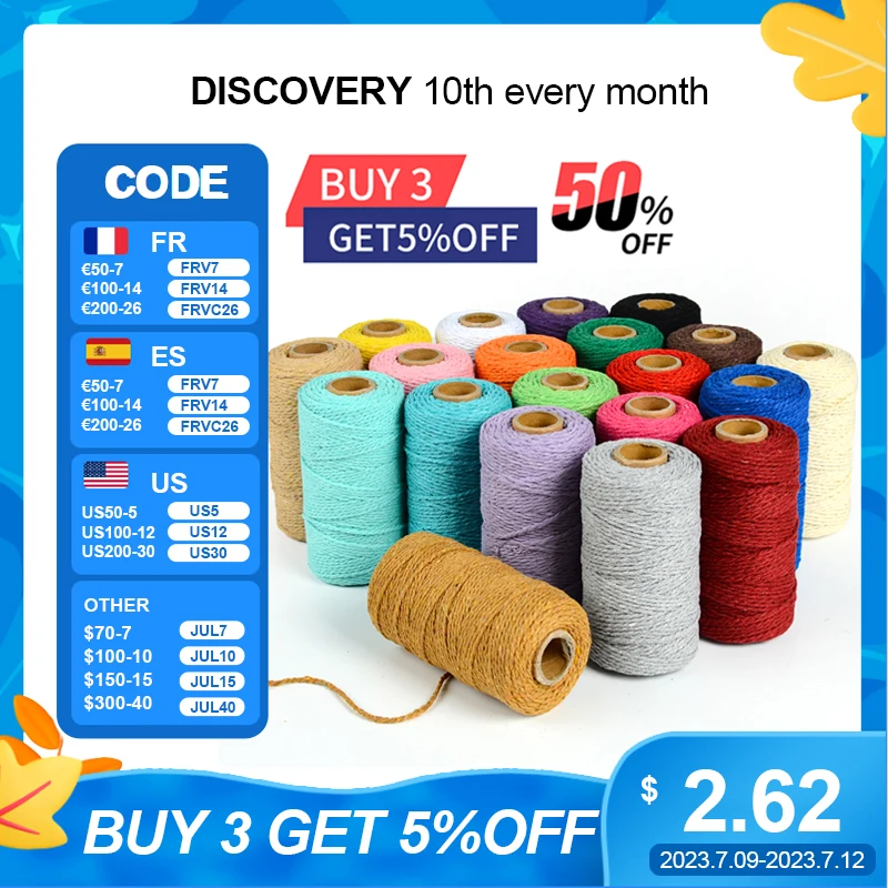 

2mm100M Macrame Cord Cotton Rope String Crafts DIY Colored Thread Cord Twisted Twine Handmade Sewing Home Wedding Decoration