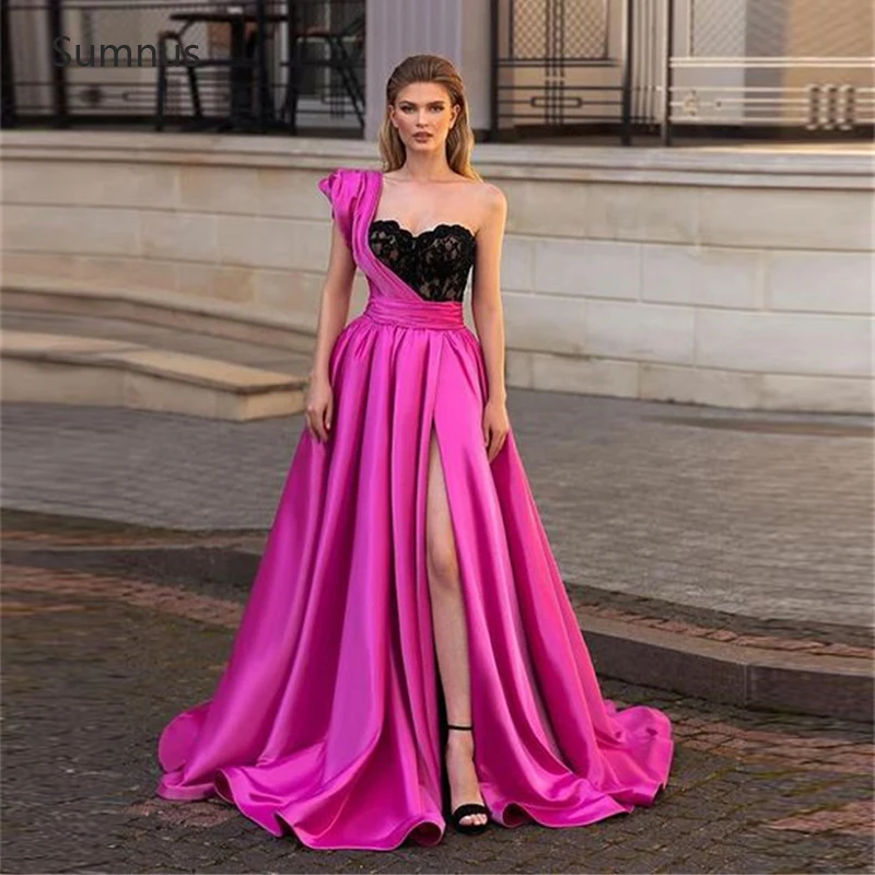

Sumnus 2022 Elegant Long A-line Evening Dresses One Shoulder Tea Length Prom Dresses Lace Appliques Slit Vestidos De Gala New